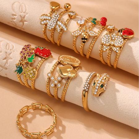 Bague tendance en acier inoxydable doré, imperméable, motif fruits vifs (1 pièce)
