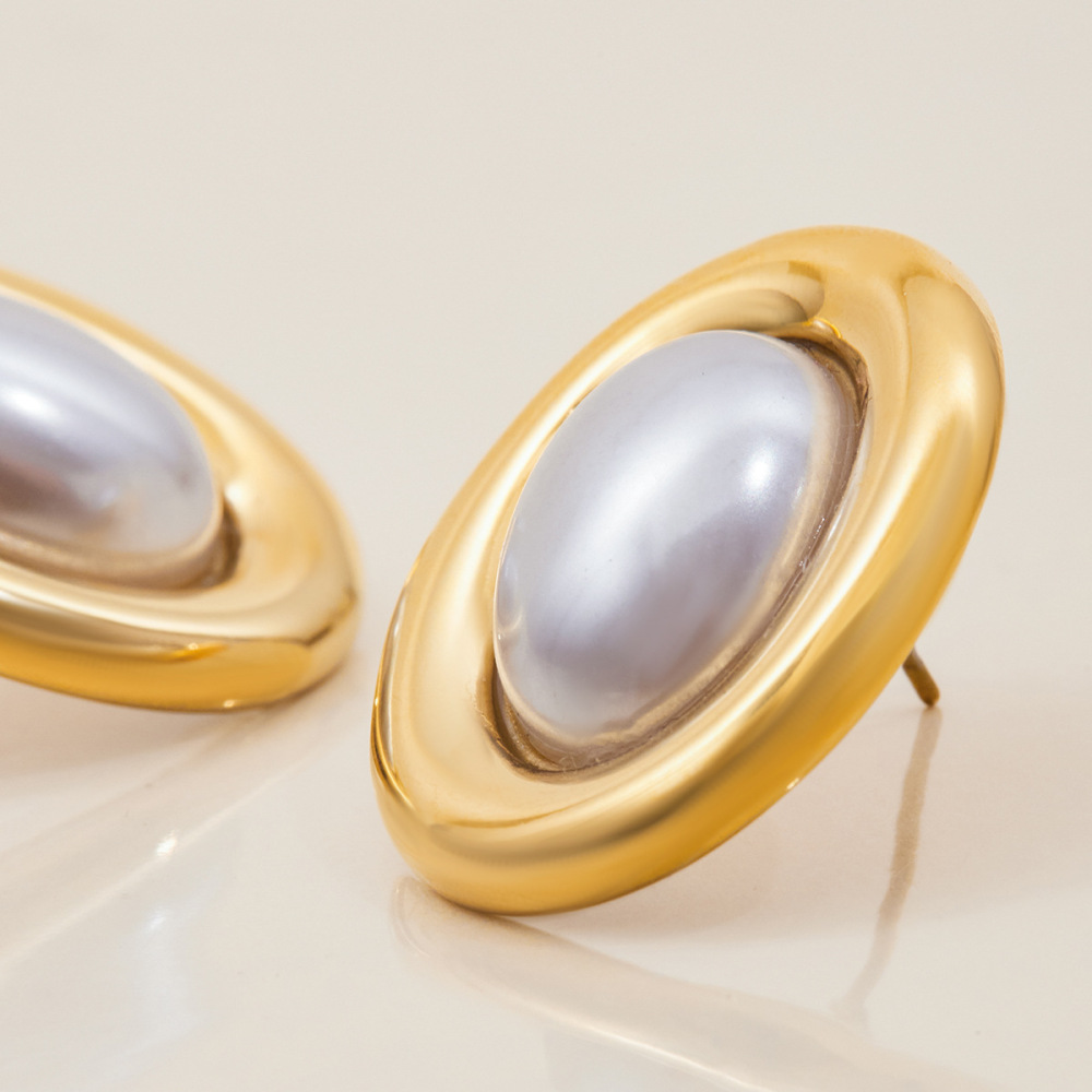 1 Paire De Boucles D'Oreilles Puces Ovales Classiques En Acier Inoxydable Étanche Couleur Or Pour Femmes Image9