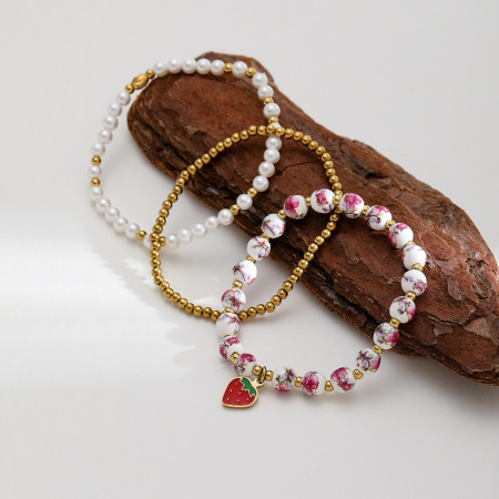 Bracelet de perles pour femme, série luxueuse, motif floral rétro, couleur or, en céramique 2