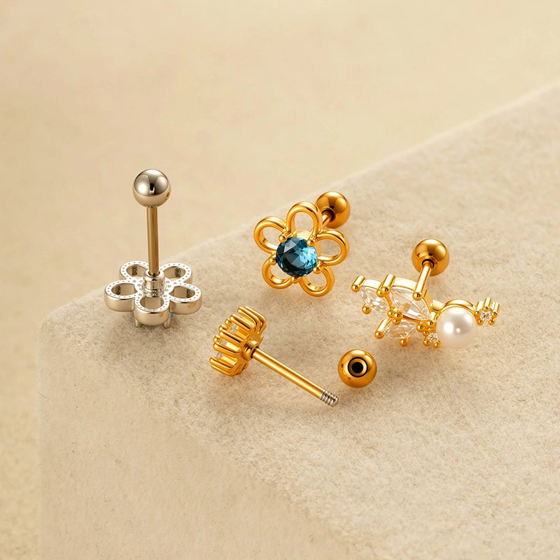 Boucle D'Oreille Piercing Fleur Cuivre Or Zircon 1 Pièce h5Image3