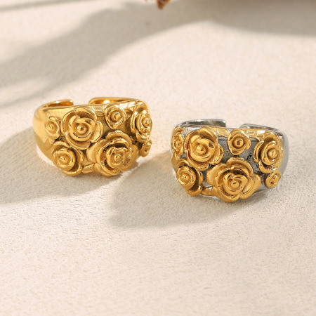 Bague romantique en acier inoxydable doré, imperméable, avec motif floral (1 pièce)