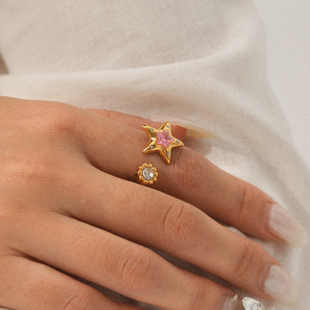 Bague Daily Star en acier inoxydable, étanche, couleur or, avec zircon (1 pièce). 2