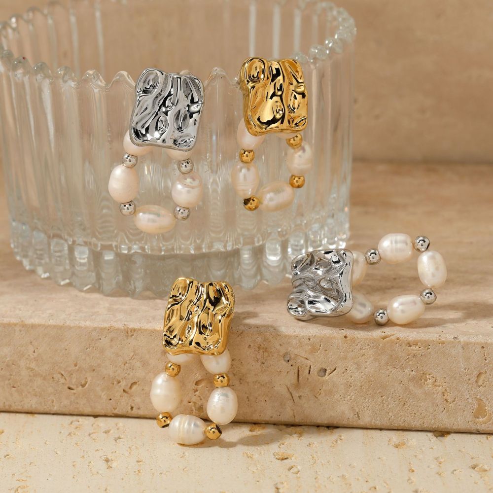 Boucles D'Oreilles Pendantes Pour Femme, Style Rétro, En Acier Inoxydable Imperméable, Ornées De Perles Et D'Un Motif Martelé. Image3