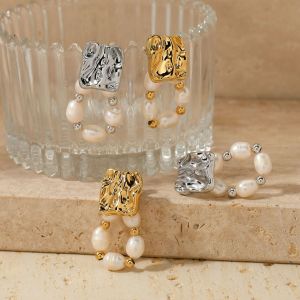 Boucles D'Oreilles Pendantes Pour Femme, Style Rétro, En Acier Inoxydable Imperméable, Ornées De Perles Et D'Un Motif Martelé. h5 Image3