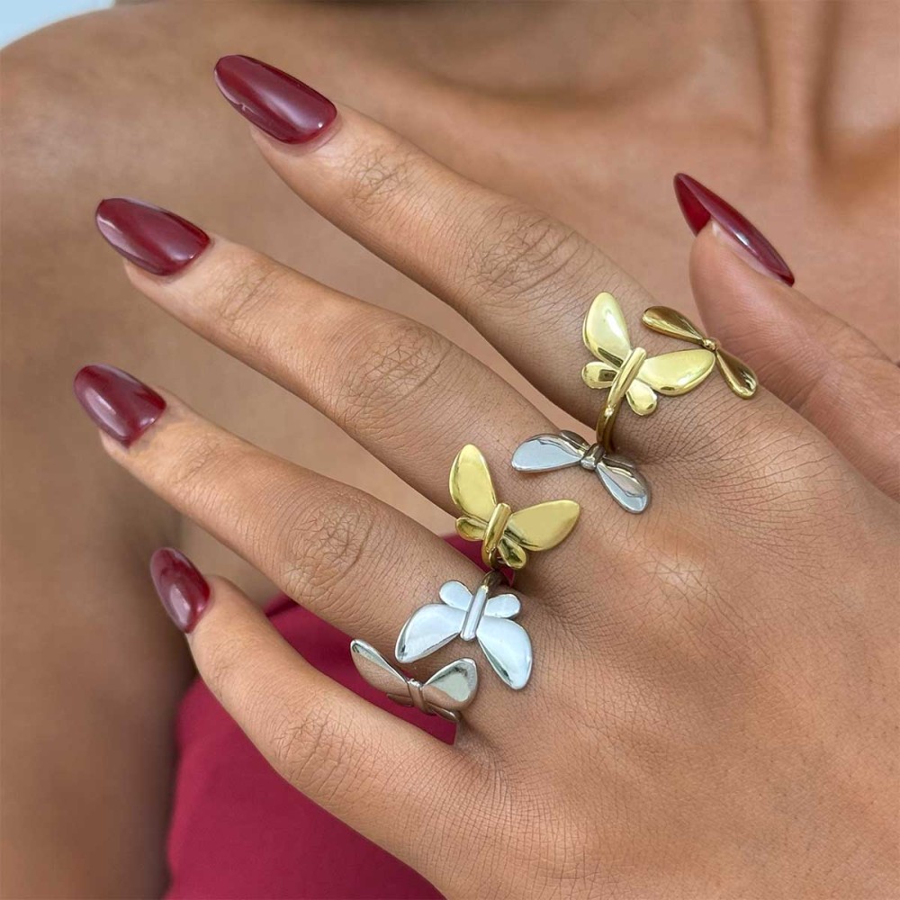 Bague Tendance En Acier Inoxydable Doré, Couleur Papillon Naturel (1 Pièce) Image3