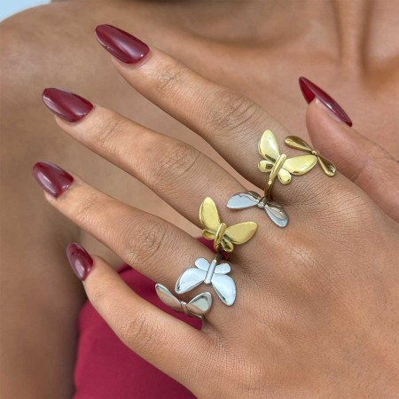 Bague tendance en acier inoxydable doré, couleur papillon naturel (1 pièce) 2