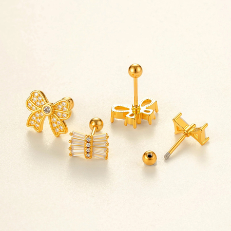 Boucle d'oreille piercing en forme de nœud papillon en cuivre doré et zircon 2
