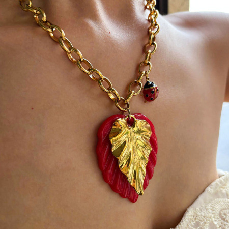 Collier pendentif feuille en acier inoxydable étanche couleur or