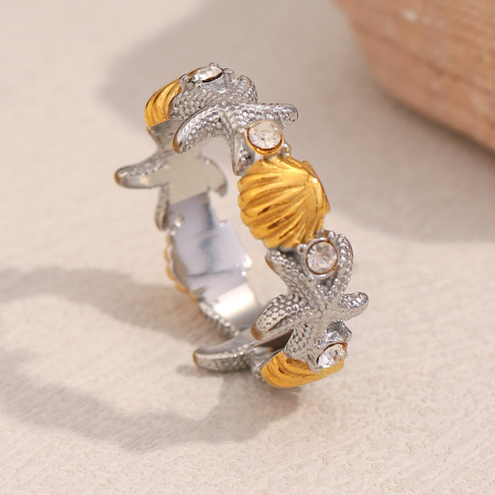 Bague tendance en acier inoxydable doré, ornée d'étoiles de mer et de coquillages (1 pièce) 2