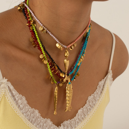 Collier de perles pour femme, 1 pièce, en acier inoxydable étanche, couleur or, motif poisson vif 2