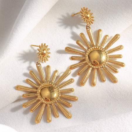 Boucles d'oreilles pendantes pour femme, en acier inoxydable doré, imperméables, en forme de soleil (1 paire).