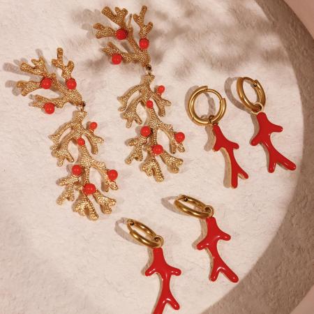 Boucles d'oreilles pendantes pour femme, en acier inoxydable doré, couleur corail, imperméables, collection Luxe (1 paire) 2