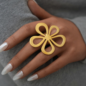 Bague De Déclaration Pour Femme En Acier Inoxydable Couleur Or Avec Motif Floral Rétro, 1 Pièce h5 Image3