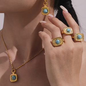 Ensemble De Bijoux Pour Femmes, 1 Pièce, Style Rétro Rectangulaire, En Acier Inoxydable Turquoise, Étanche, Couleur Or, Avec Pierre Naturelle. h5 Image4