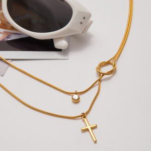 Collier Classique À Plusieurs Rangs En Acier Inoxydable Doré, Étanche, Avec Croix (1 Pièce) h5 Image5