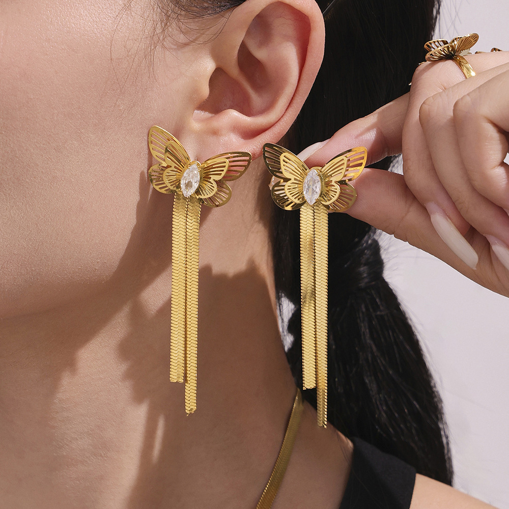 Ensemble De Bijoux Pour Femme 1 Pièce, Motif Papillon Romantique, En Acier Inoxydable Étanche Couleur Or Image3