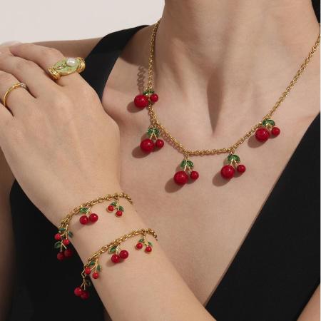 Ensemble de bijoux pour femme en acier inoxydable doré, motif cerise douce (1 pièce).