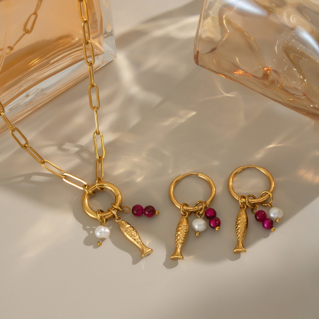 Ensemble collier et collier en acier inoxydable couleur or, couleur poisson
