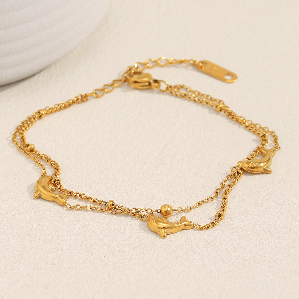 Bracelet À Breloques Pour Femme, En Acier Inoxydable, Couleur Or, Avec Dauphin Naturel (1 Pièce). Image7