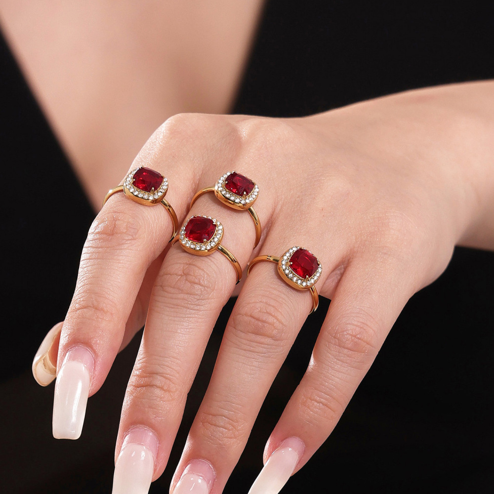 Ensemble De Bijoux Pour Femme, 1 Pièce, Classique Carré, En Acier Inoxydable, Étanche, Couleur Or, Zircon Rouge h5Image5
