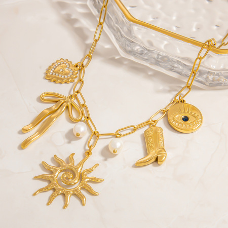 Collier pendentif rétro soleil en acier inoxydable étanche