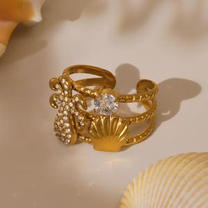 Bague Tendance En Acier Inoxydable Doré, Ornée D'Un Motif D'Organisme Marin Brillant (1 Pièce). h5 Image6