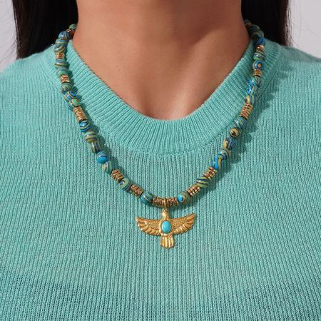 Collier de perles pour femme, 1 pièce, motif aigle classique, pierres naturelles, couleur or 2