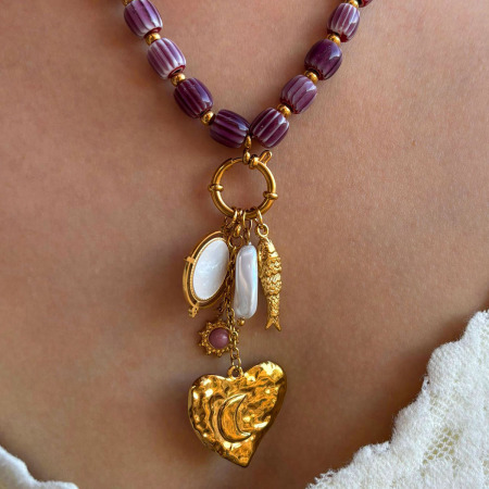 Collier rétro en acier inoxydable doré avec perles et cœur (1 pièce) 2