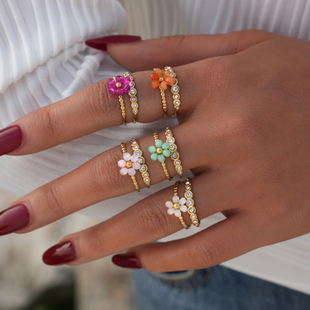 Bague en acier inoxydable tissée à fleurs, couleur or, avec perles 2