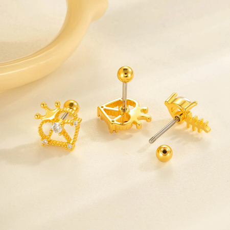 Boucles d'oreilles percées délicates en forme de couronne en cuivre et zircone pour femme, 1 pièce 2