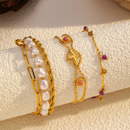 Bracelet à breloques rétro de forme irrégulière en acier inoxydable, étanche, couleur or (1 pièce)