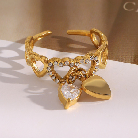 Bague tendance en acier inoxydable doré, étanche, avec zircon en forme de cœur