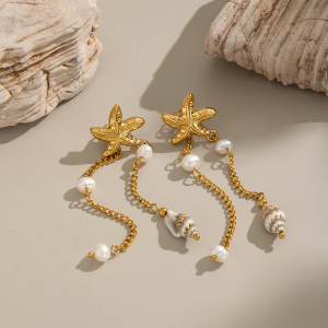 Boucles D'Oreilles Pendantes En Acier Inoxydable Doré, Imperméables, Avec Pompon En Forme D'Étoile De Mer (1 Paire). h5 Image3