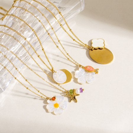 Collier pendentif femme simple en acier inoxydable étanche avec motifs de fleurs en coquillage 2