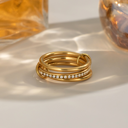 Bague simple patchwork en acier inoxydable imperméable couleur or avec strass