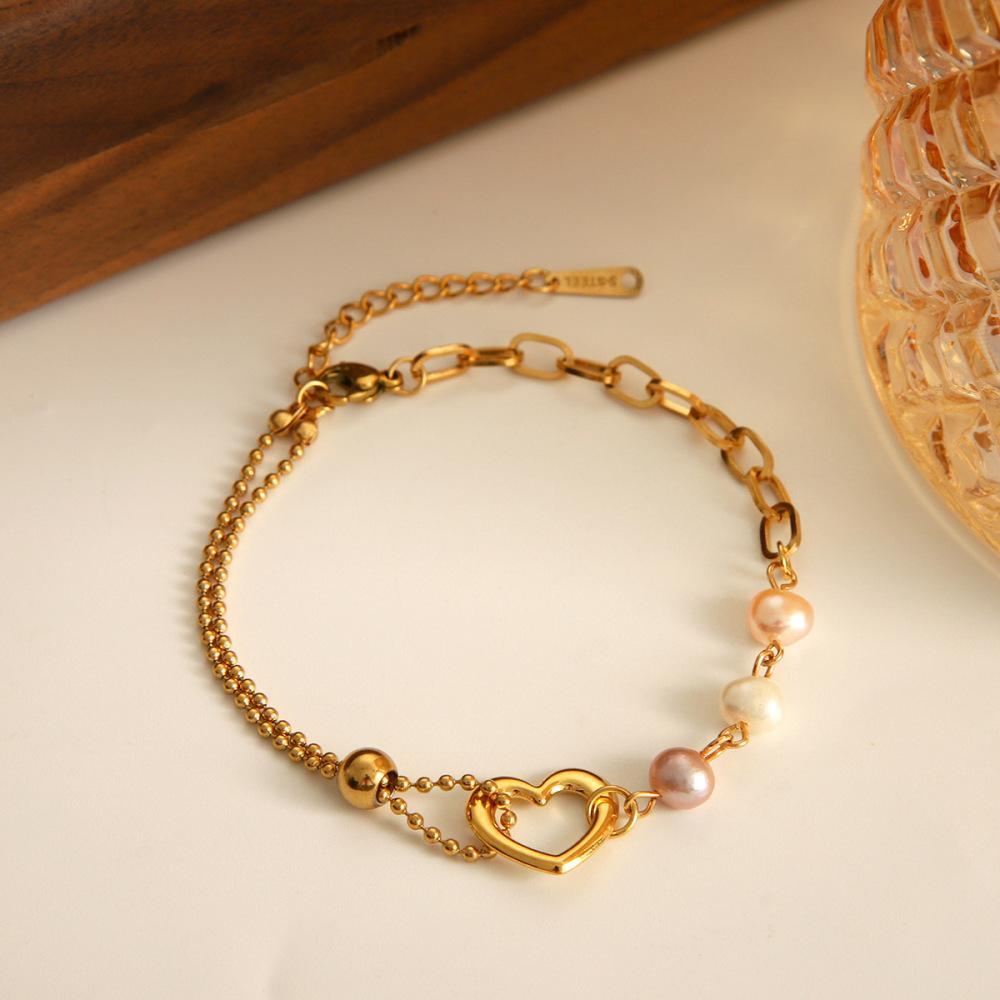 1 Paire De Bracelets À Maillons Pour Femme, Motif Cœur, En Acier Inoxydable, Couleur Or, Étanches, Avec Pierre Naturelle. Image4