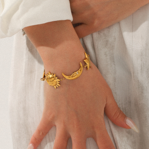 Bracelet Classique Lune Et Étoile En Acier Inoxydable Étanche Couleur Or Pour Femme (1 Pièce) h5 Image5