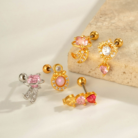 Boucle d'oreille piercing en forme de cœur en cuivre doré et zircon