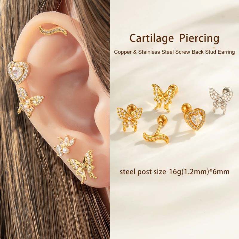 Boucle D'Oreille Piercing Papillon En Cuivre Doré Et Zircon Image4