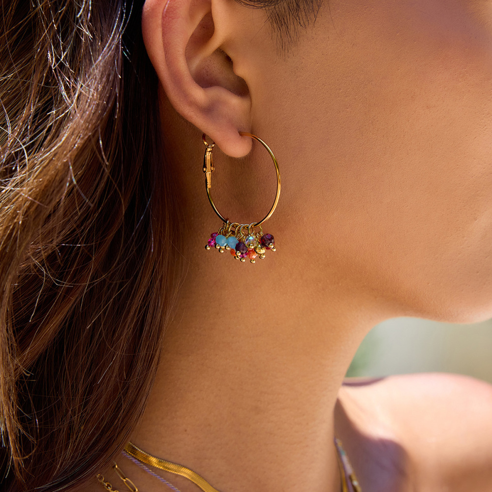 1 Paire De Boucles D'Oreilles Créoles Pour Femme, Ornées De Perles Polychromes, En Acier Inoxydable Et Couleur Or, Étanches. Image5