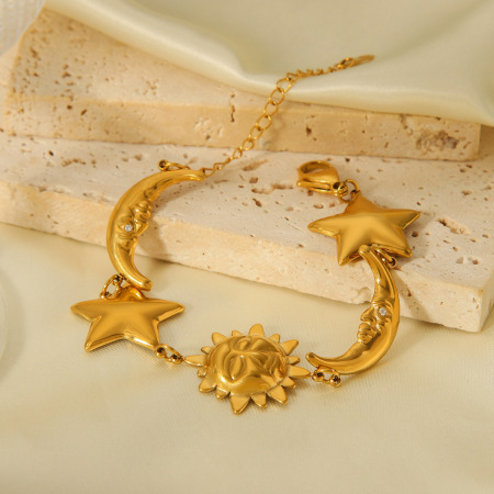 Bracelet classique lune et étoile en acier inoxydable étanche couleur or pour femme (1 pièce) 2