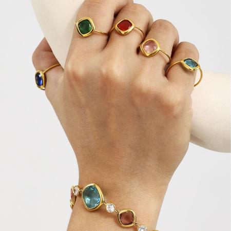 Bague élégante rectangulaire en acier inoxydable étanche couleur or (1 pièce)