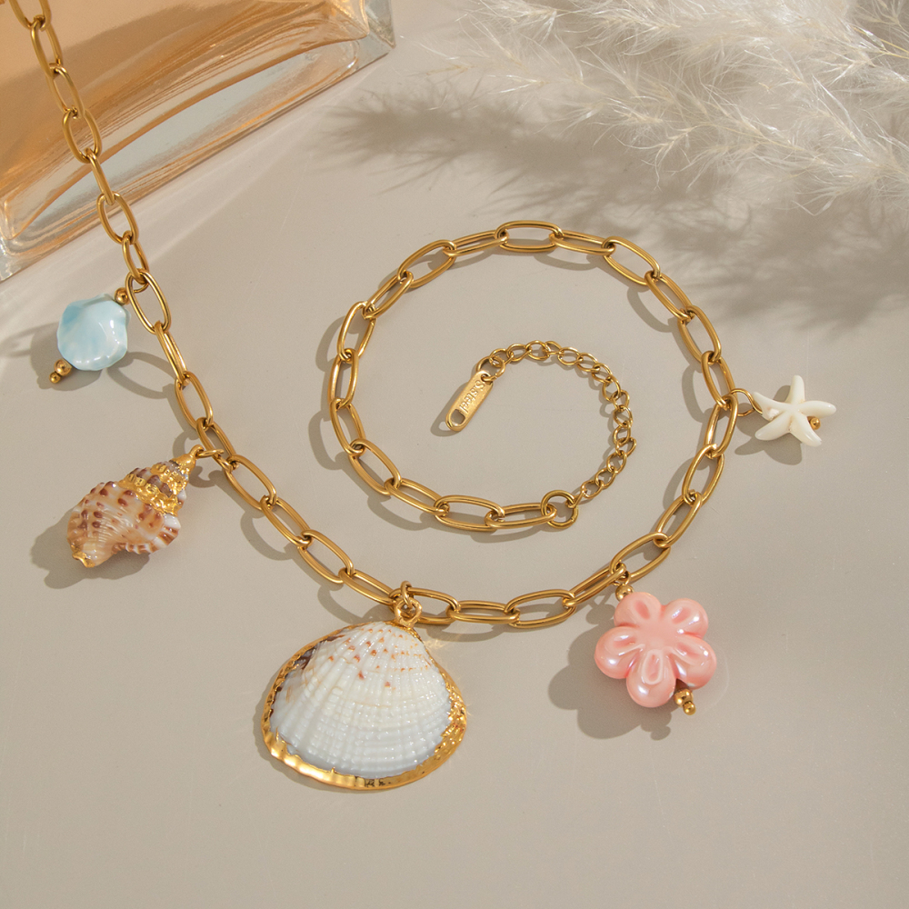 Collier Pendentif Romantique En Acier Inoxydable Doré, Couleur Coquillage, 1 Pièce Image4