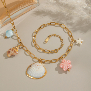 Collier Pendentif Romantique En Acier Inoxydable Doré, Couleur Coquillage, 1 Pièce h5 Image4