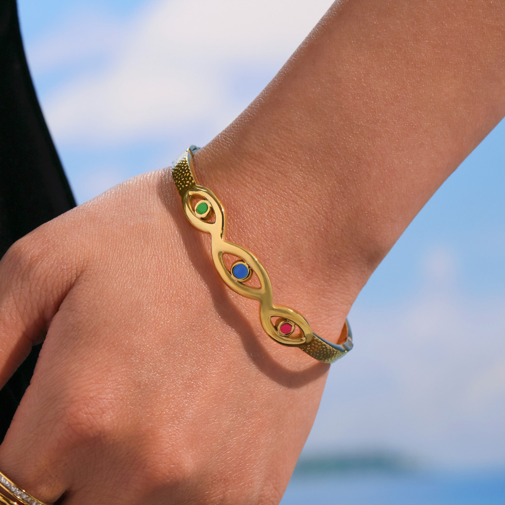 Ensemble De 1 Bracelet Délicat Œil De Diable En Acier Inoxydable Étanche Couleur Or Pour Femme Image6
