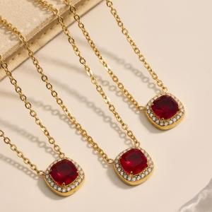 Ensemble De Bijoux Pour Femme, 1 Pièce, Classique Carré, En Acier Inoxydable, Étanche, Couleur Or, Zircon Rouge h5 Image3