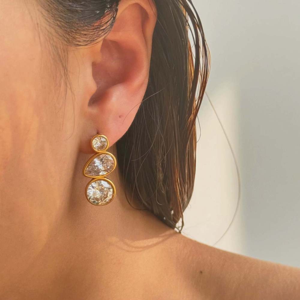 Boucles D'Oreilles Pendantes Pour Femme, Style Géométrique, En Acier Inoxydable Doré, Étanches, Collection Simple Series (1 Paire). Image3