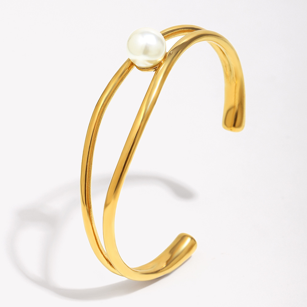 Bracelet Jonc Élégant Et Simple En Acier Inoxydable Imperméable Avec Perles Artificielles (1 Pièce)