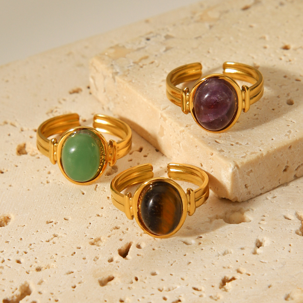 Bague Pour Femme En Acier Inoxydable Étanche Avec Pierre Naturelle, Forme Irrégulière, À Porter Au Quotidien (1 Pièce). Image3