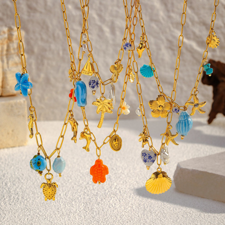 Collier pendentif en acier inoxydable doré, étanche, en forme de coquillage